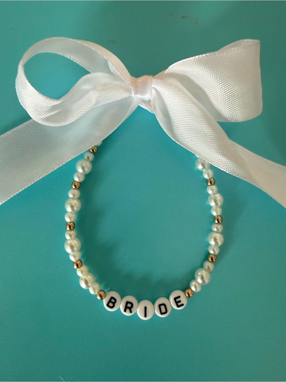 Bride Pearl and Gold Bead adjustable anklet with White Ribbon